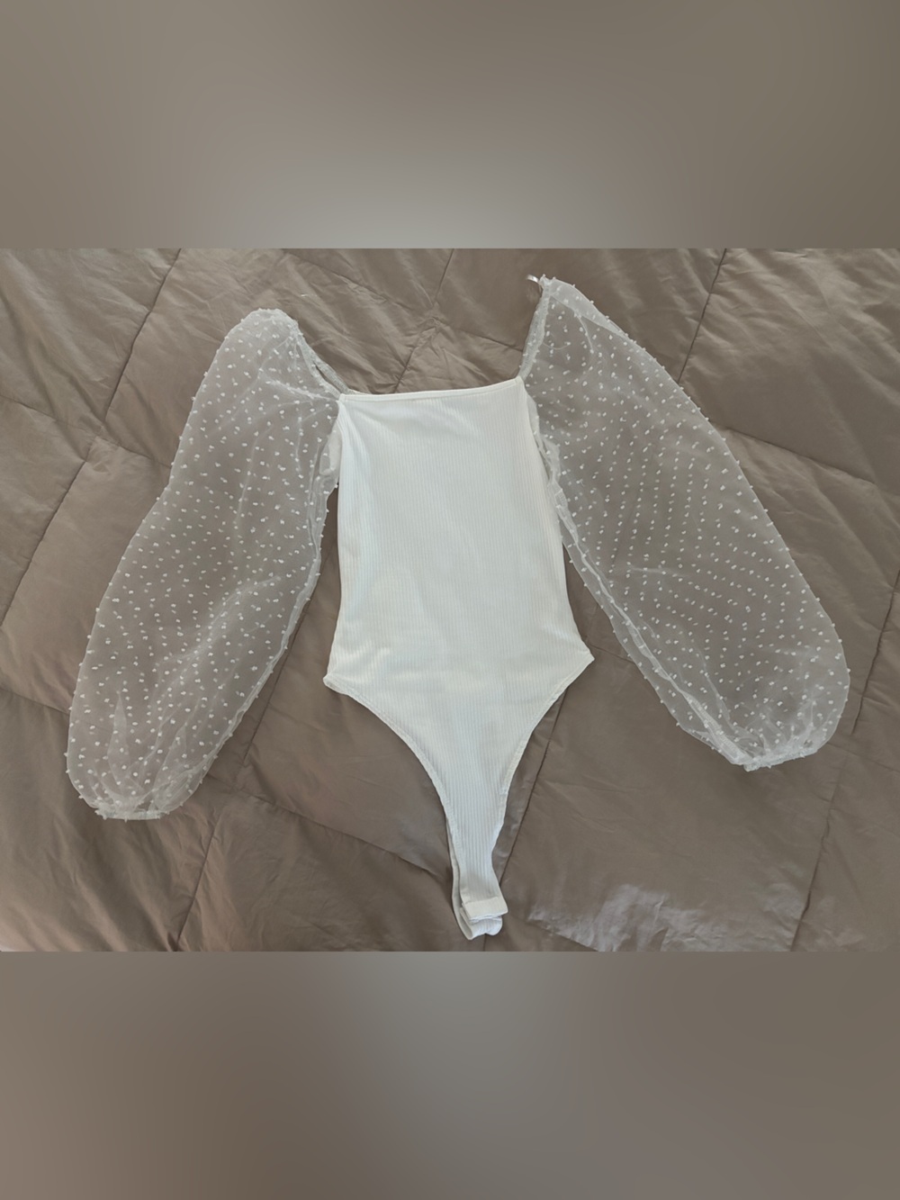 Altar'd State White Bodysuit with Sheer Dot Sleeves